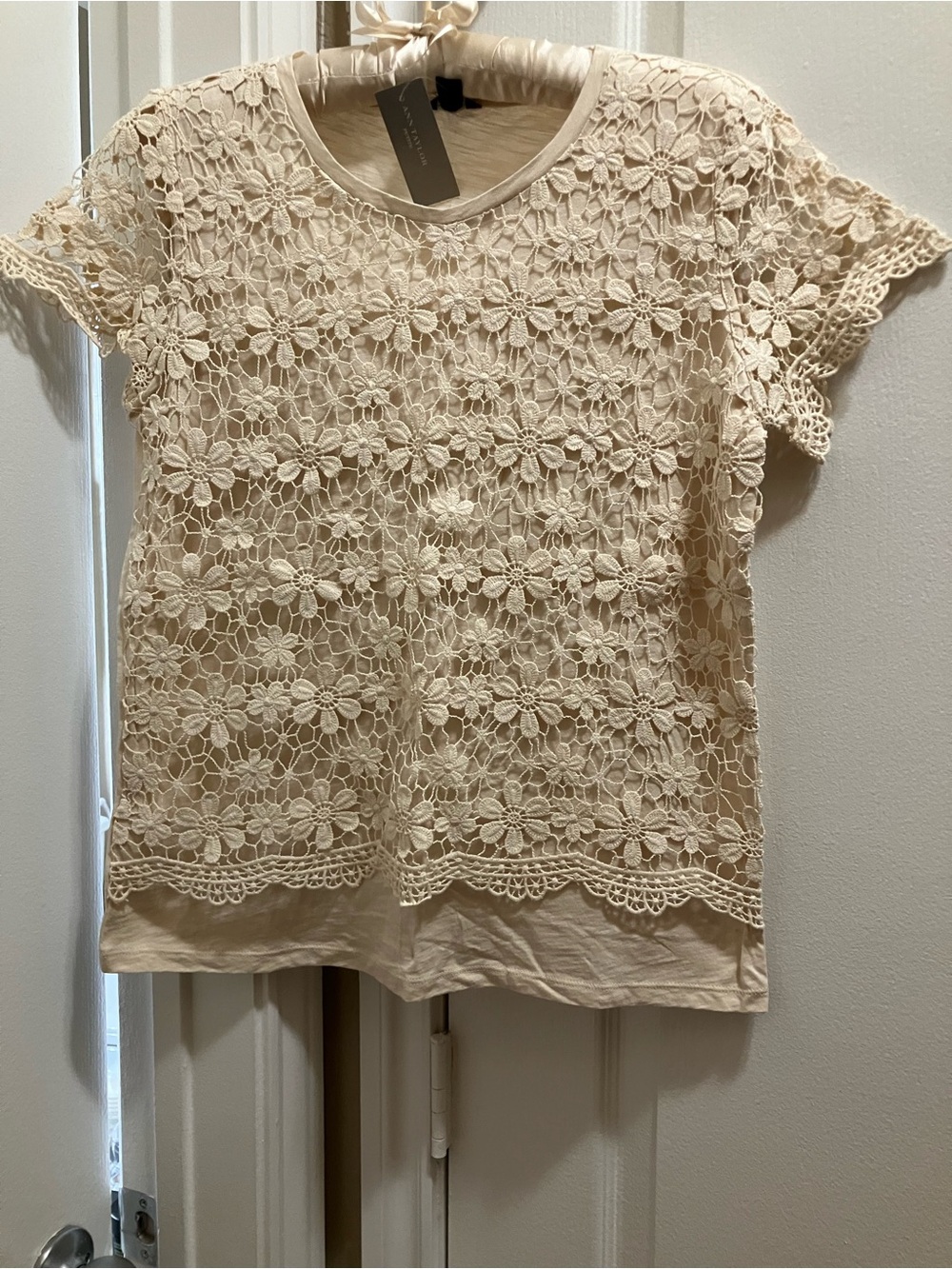 Ann Taylor Women's Cream Floral Crochet Lace Tee